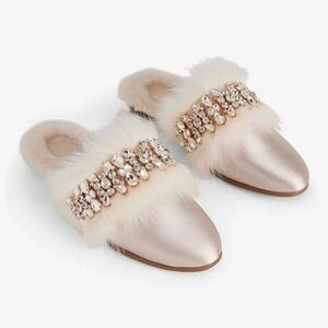 Express Satin Faux Fur Lined Rhinestone Embellished Slippers NWT